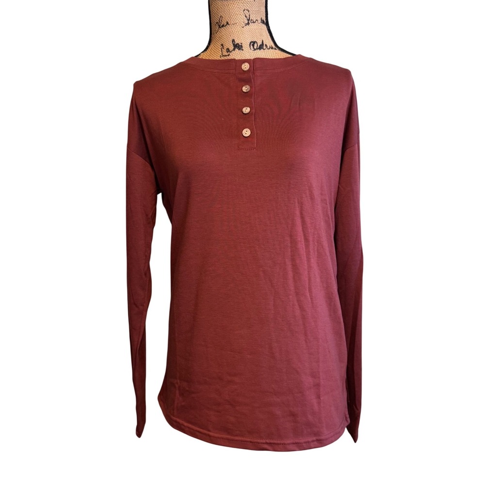 NWOT Long Sleeve Henley Top Brick Red Rust Button Front Jersey Shirt Large